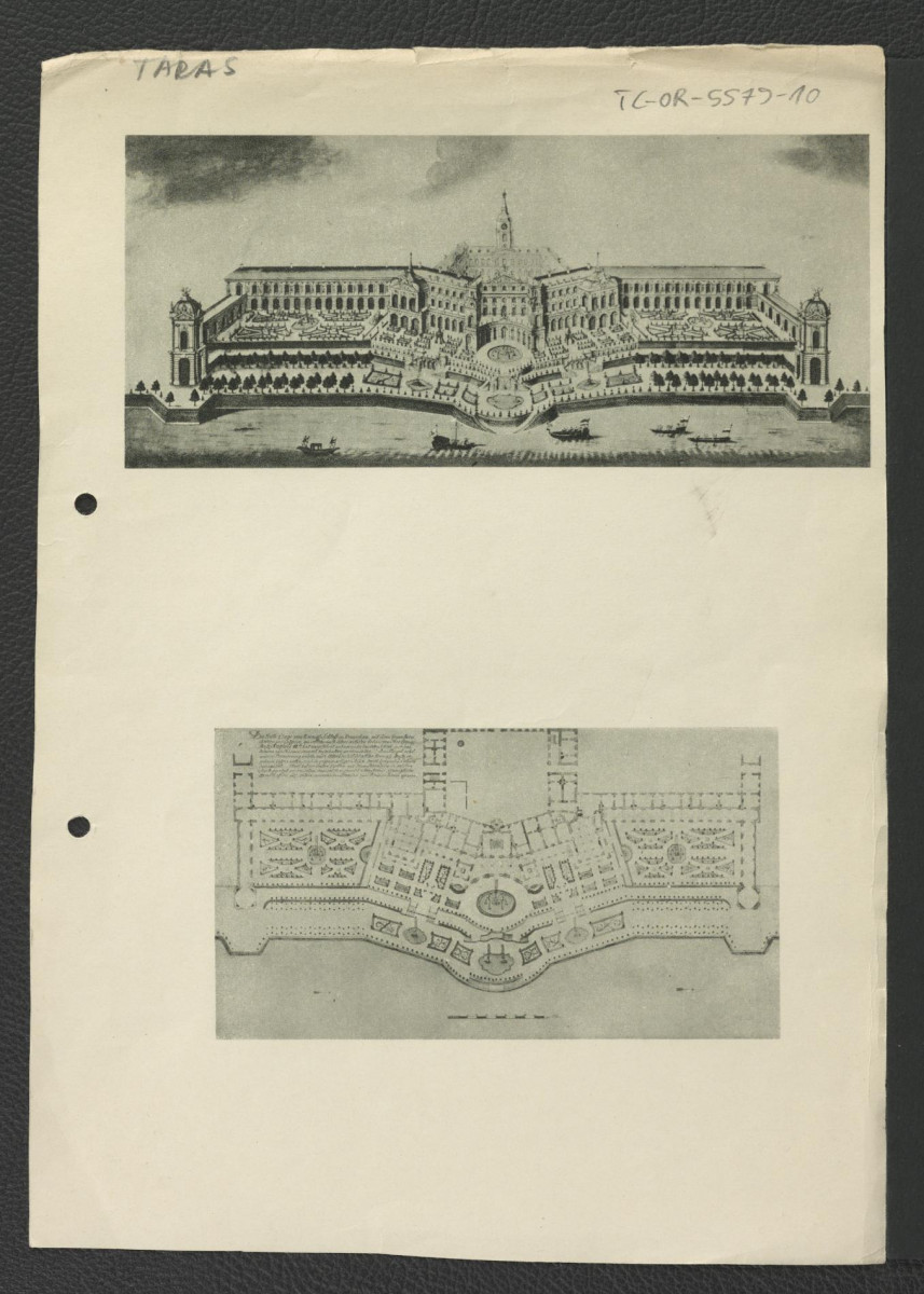nadbitka karty z Ciołek G., Ogrody polskie, Warszawa 1954, s. 68 zawierająca widok ogrodu zamkowego oraz projekt rozbudowy miejscowego zamku i ogrodu  , skan 1