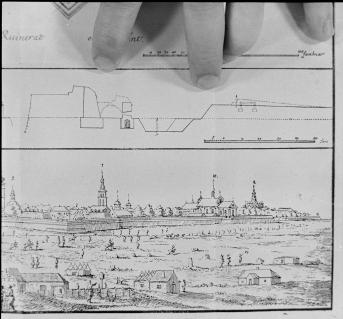 3 negatywy przedstawiające fragment rysunku panoramy Zamościa, skan 2