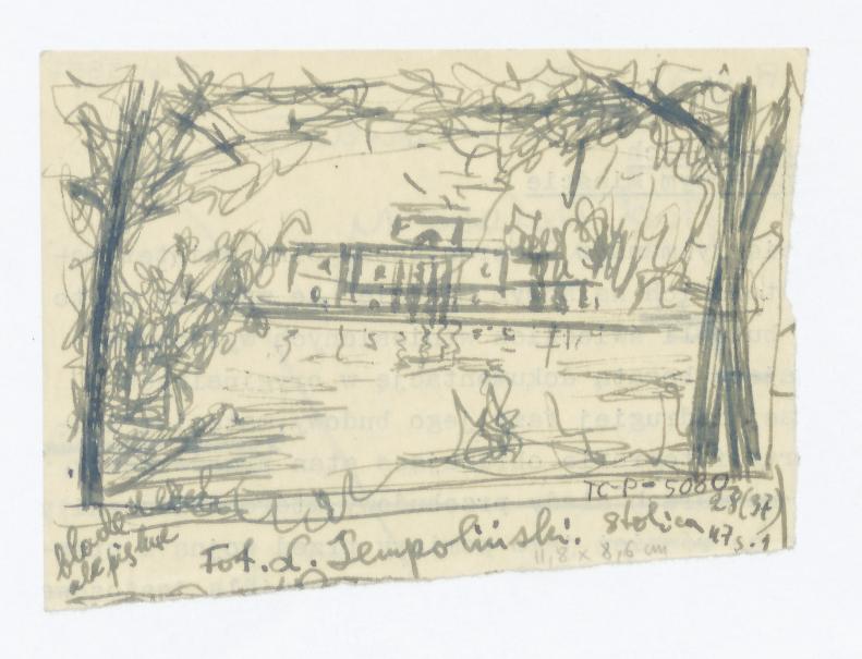 Łazienki Królewskie - pałac na wyspie, widok od strony południowej. Przerys z fotografii L (Ludwika?). Sempolińskiego, Stolica 1947, 28/37/ s. 1. Napisy: fot. L. Sempoliński. Stolica 47 28/37/ s. 1; blade ale piękne, skan 1