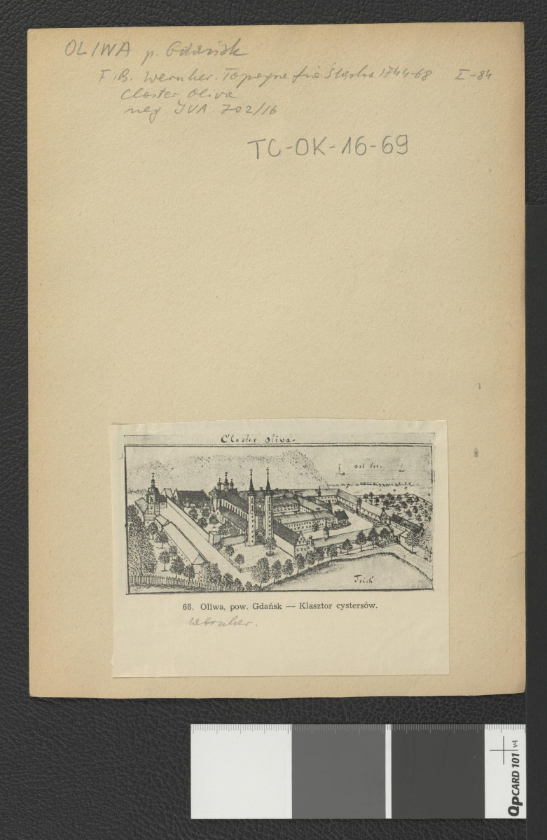 widok ogólny z "lotu ptaka" na klasztor i jego ogrody na podstawie rysunku Friedricha Bernharda Wernera zamieszczonego w Topografia Śląska 1744-1768, skan 1