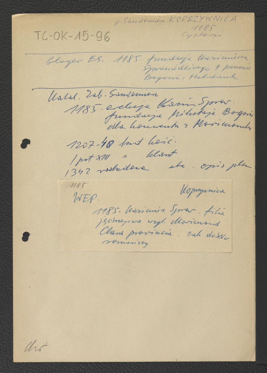 odsyłacz do Gloger Zygmunt, Encyklopedia Staropolska, Warszawa 1902 wzmiankujący ufundowanie miejscowego klasztoru przez Kazimierza Sprawiedliwego w roku 1185; Katalog Zabytków – Sandomierz zawierający chronologię ważniejszych wydarzeń w średniowiecznych dziejach opactwa począwszy od fundacji Kazimierza Sprawiedliwego oraz Wielka Encyklopedia Powszechna Ilustrowana , skan 1