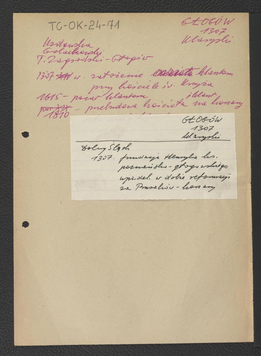 wypis z Uzdowska, Golachowski, Zagrodzki, Głogów zawierający zwięzłą chronologię miejscowego klasztoru począwszy od jego założenia w 1307 r.; Dolny Śląsk wzmiankujący ufundowanie opactwa przez księcia Henryka Głogowskiego w 1307 r. oraz upadek w dobie reformacji  , skan 1