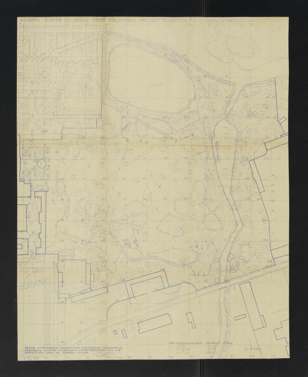 Wilanów-część południowa, plan sytuacyjno - wysokościowy. Napisy: WILANÓW. OGRÓD PAŁACOWY. CZĘŚĆ POŁUDNIOWA. PROJEKT TECHNICZNY 1:500. PLAN SYTUACYJNY O - WYSOKOŚCIOWY. Podane wymiary, punkty wysokościowe i legenda, skan 1