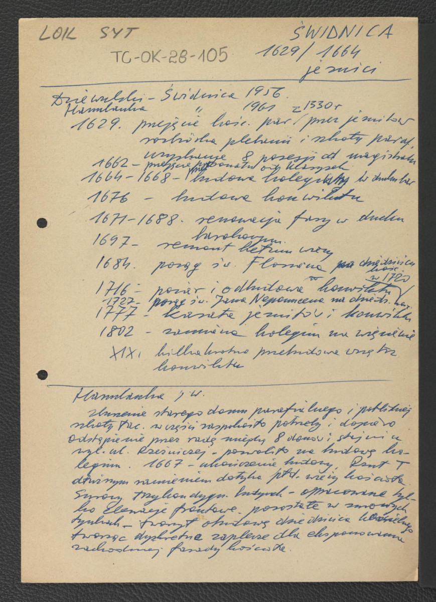 wypis z Dziewulski Władysław, Świdnica w: „Studia z historii budowy miast polskich”, R. 6 (1957), z. 2/17, Warszawa 1957 (oraz prawdopodobnie Hamulanka, 1961) zawierający chronologię miejscowego klasztoru począwszy od roku 1629 kiedy to miejscowy kościół parafialny został przejęty przez jezuitów , skan 1