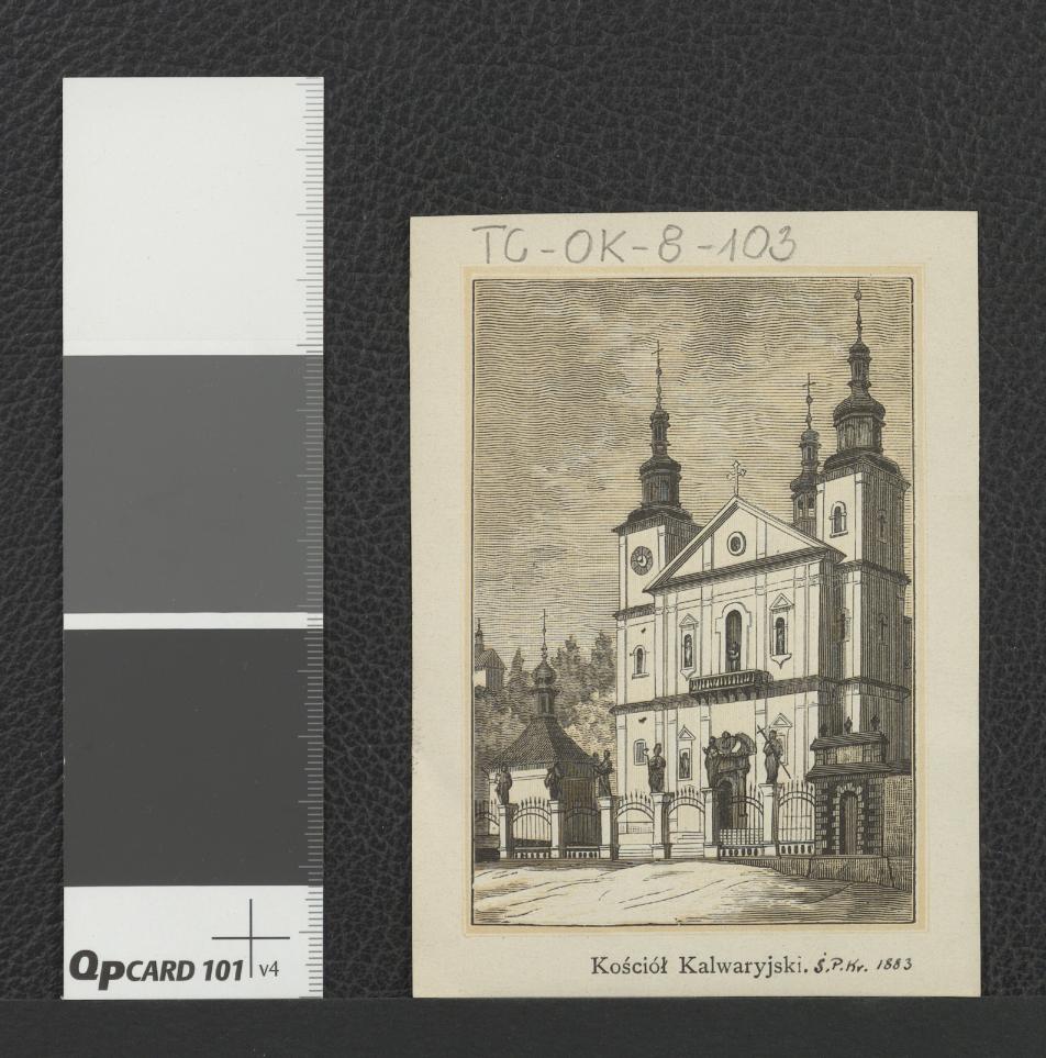 wycinek z publikacji tematycznej (zapewne z roku 1883) zawierający reprodukcję ryciny przedstawiającej elewacje frontową kościoła klasztornego w wymienionym sanktuarium, skan 1