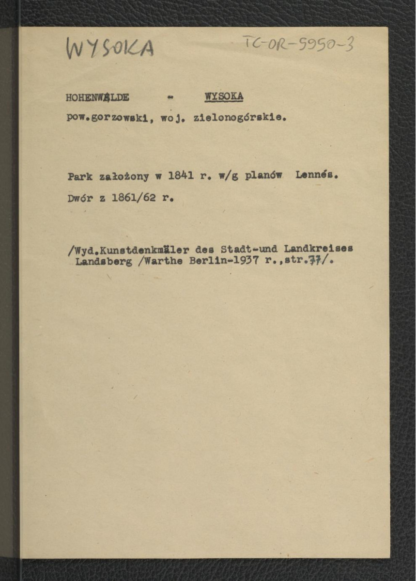 odsyłacz do  Reissmann K., Voss G., Korn O., Küster E., Bucholz F., Die Kunstdenkmäler des Stadt- und Landkreises Landsberg, Berlin 1937, s. 77 wzmiankujący park założony w 1841 r. według planów Lonmesa; wzmianka o dworze z przełomu 1861 i 1862 r.                                                                               , skan 1