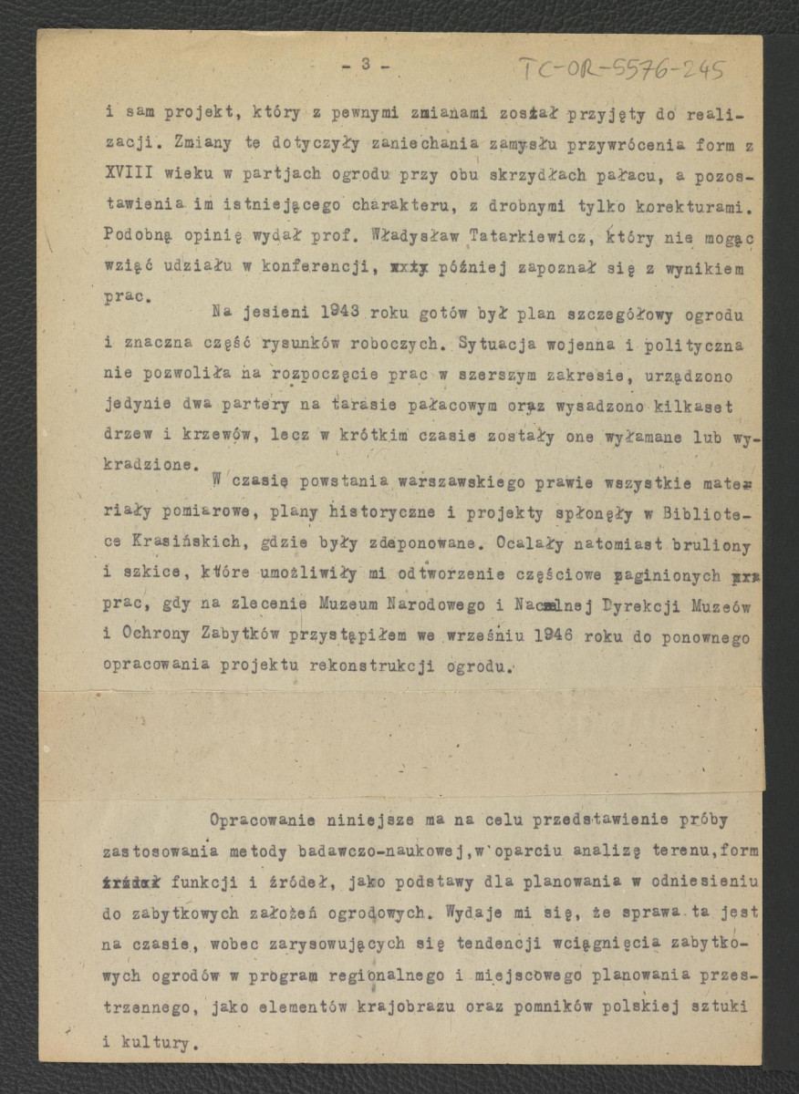 tekst autorstwa G. Ciołka pt. Ogród w Wilanowie. Badania i problemy konserwatorskie z maja 1947 r.                         , skan 4