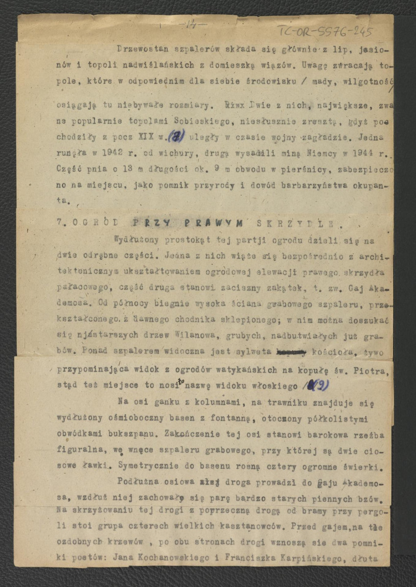 tekst autorstwa G. Ciołka pt. Ogród w Wilanowie. Badania i problemy konserwatorskie z maja 1947 r.                         , skan 15