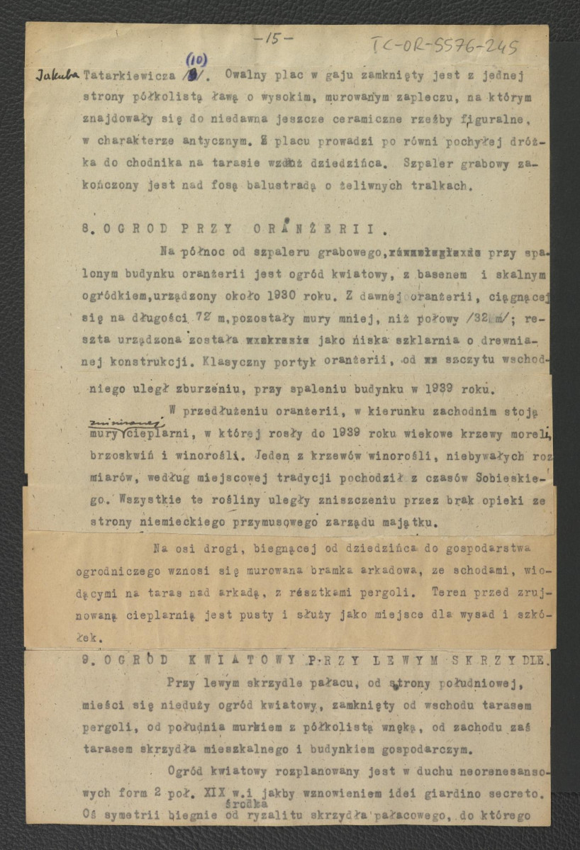 tekst autorstwa G. Ciołka pt. Ogród w Wilanowie. Badania i problemy konserwatorskie z maja 1947 r.                         , skan 16