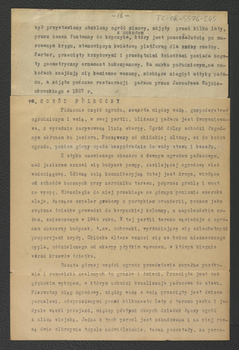 tekst autorstwa G. Ciołka pt. Ogród w Wilanowie. Badania i problemy konserwatorskie z maja 1947 r.                         , skan 17