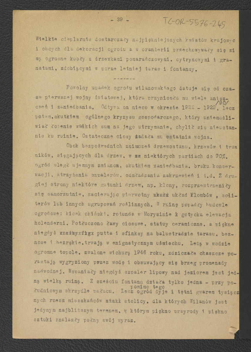 tekst autorstwa G. Ciołka pt. Ogród w Wilanowie. Badania i problemy konserwatorskie z maja 1947 r.                         , skan 29