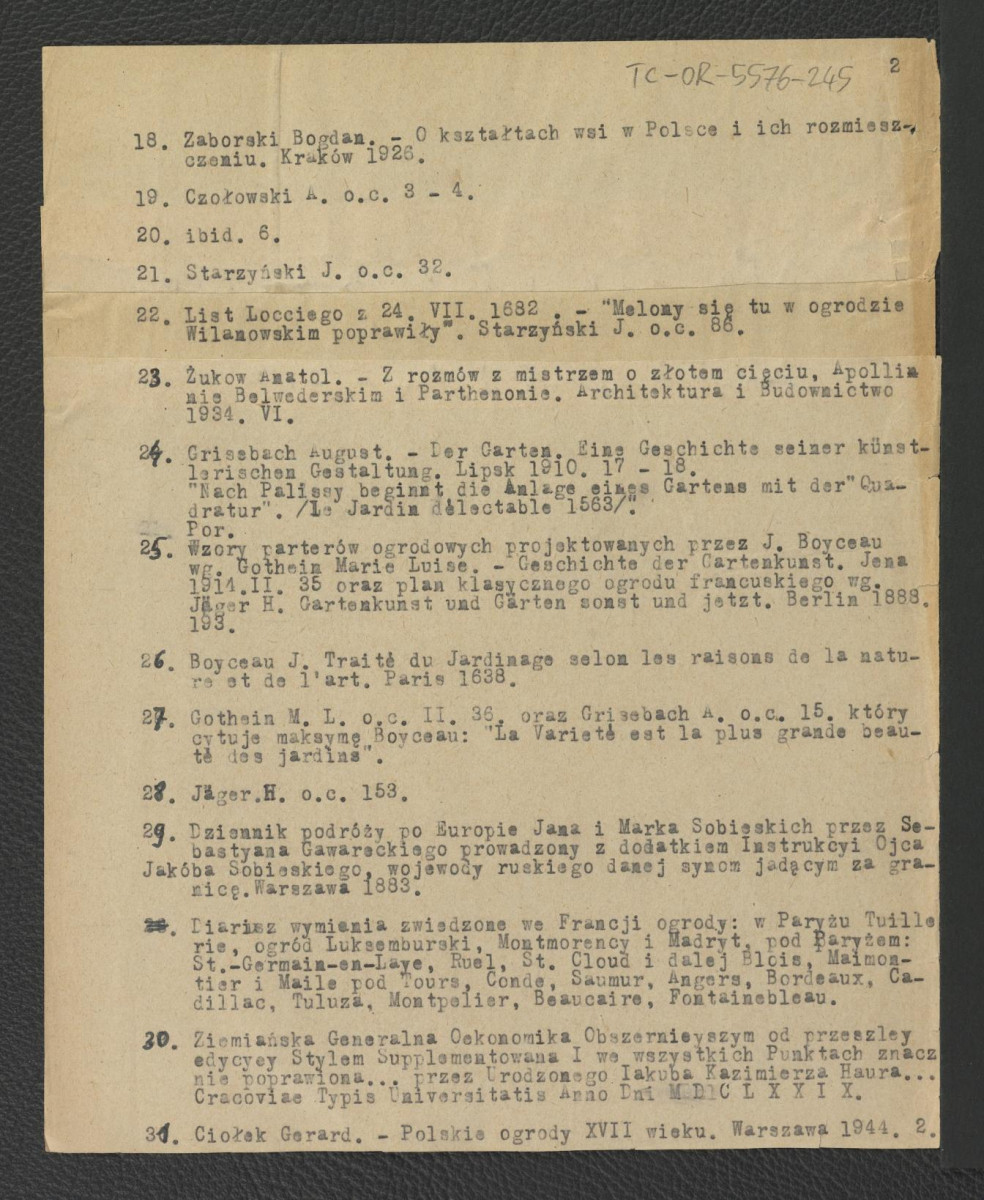 tekst autorstwa G. Ciołka pt. Ogród w Wilanowie. Badania i problemy konserwatorskie z maja 1947 r.                         , skan 36