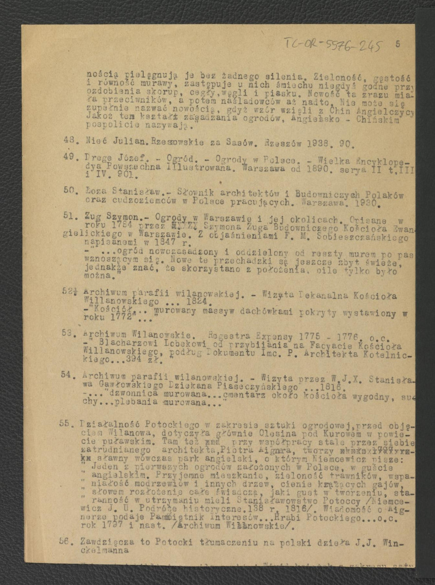 tekst autorstwa G. Ciołka pt. Ogród w Wilanowie. Badania i problemy konserwatorskie z maja 1947 r.                         , skan 39