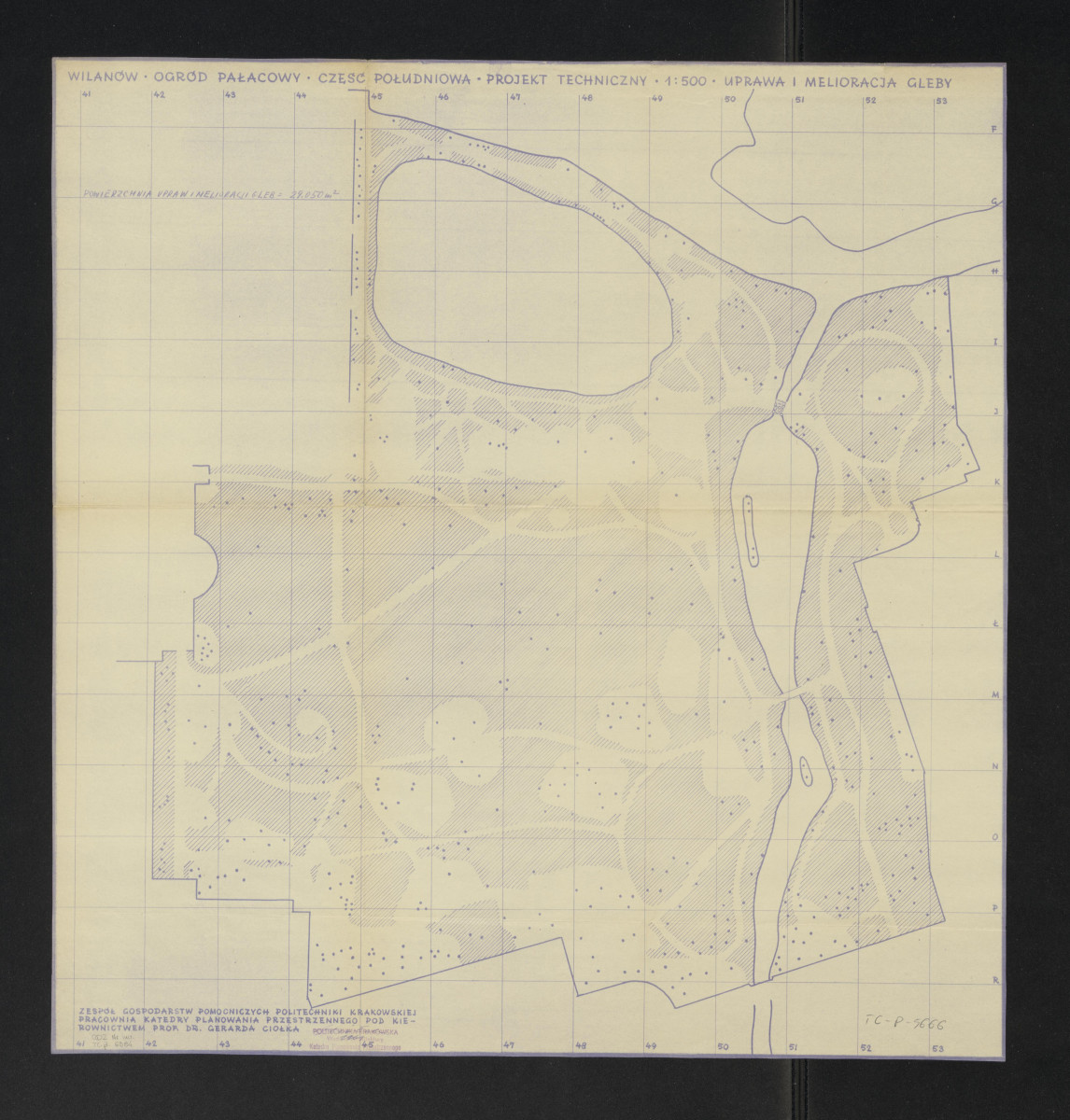 Wilanów-część południowa, plan sytuacyjny z zaznaczeniem upraw i melioracji gleby, projekt techniczny. Napisy: WILANÓW. OGRÓD PAŁACOWY. CZĘŚĆ POŁUDNIOWA. PROJEKT TECHNICZNY 1:500. UPRAWA I MELIORACJA GLEBY. Napisy objaśniające, skan 1