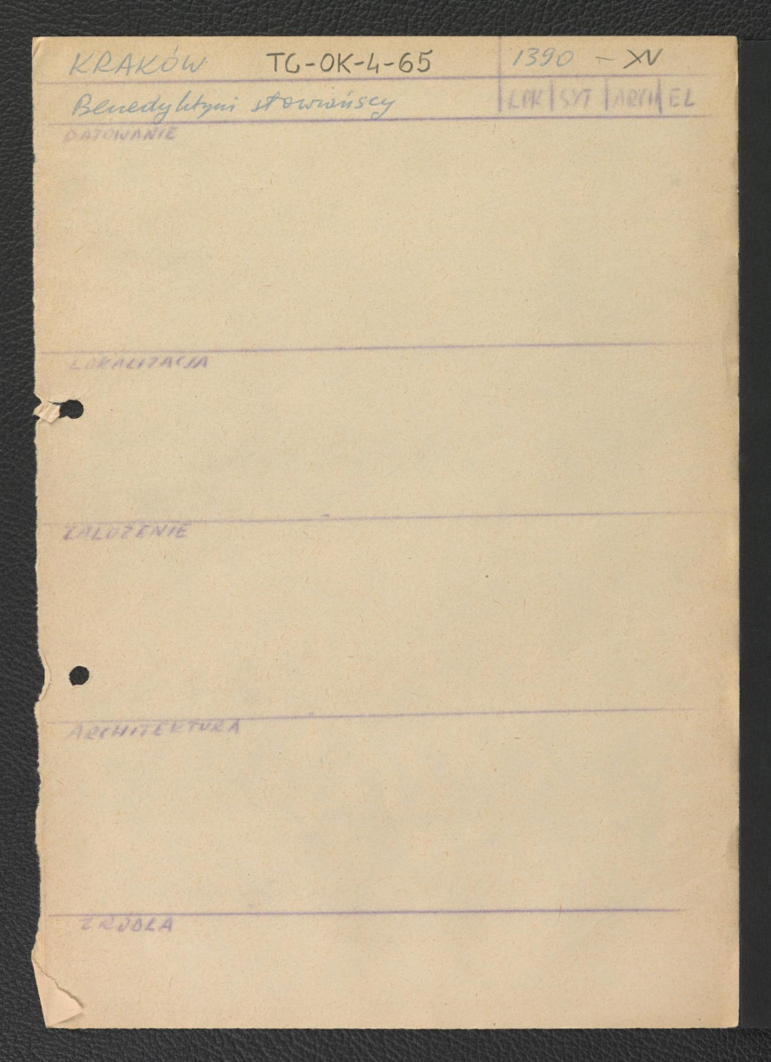 fiszka robocza zawierająca krótką informację o miejscowym klasztorze benedyktynów, skan 1