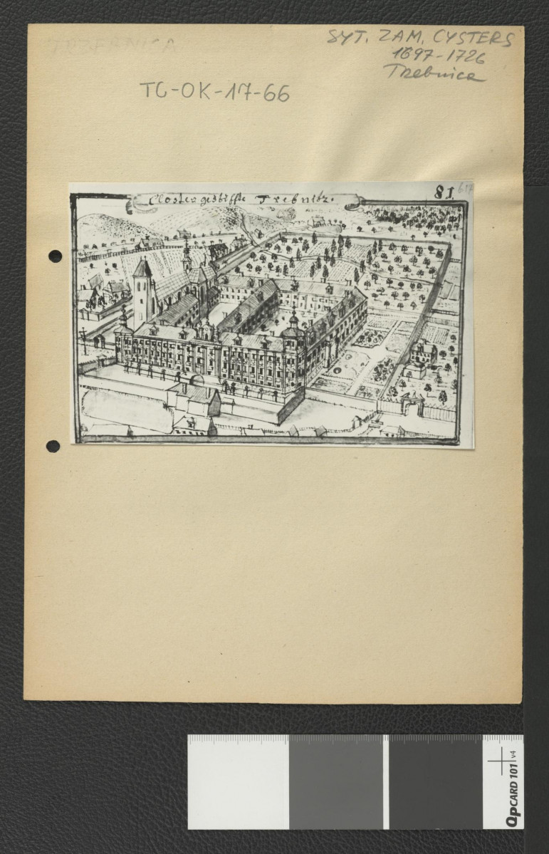 reprodukcja ryciny zamieszczonej w Wernher Friedrich Bernhard, Topografia Śląska, 1744-1768 przedstawiającej widok na miejscowy klasztor z lotu ptaka , skan 1