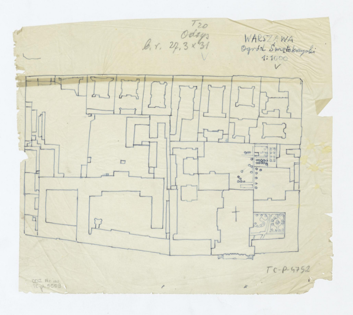odrys planu miasta Warszawy z zaznaczeniem reliktów ogrodu świętokrzyskiego, skan 1