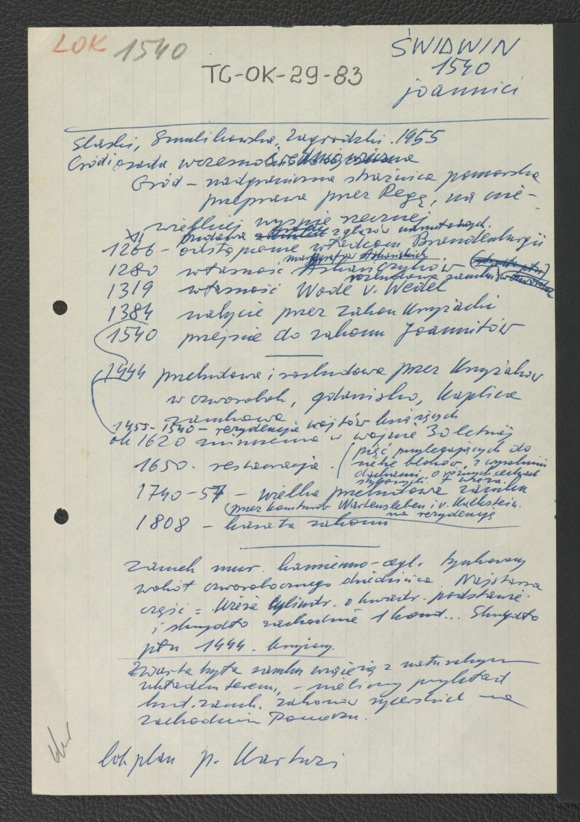 wypis ze Ślaski, Smulikowska, Zagrodzka, 1955 dotyczący usytuowania wczesnego grodu, ważniejszych w wydarzeń w dziejach późniejszego zamku joannitów , skan 1