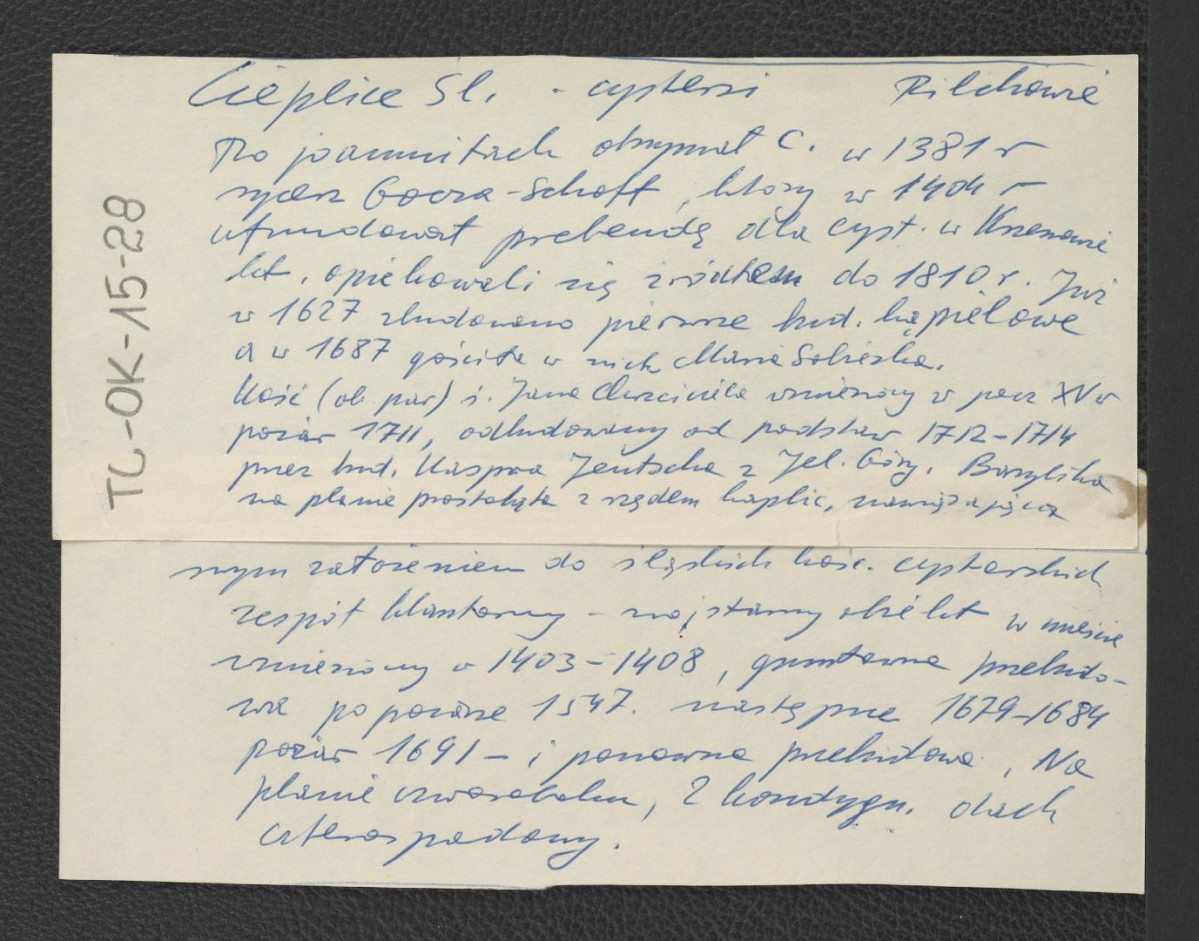 wypis z Pilchowie dotyczący przejęcia należących niegdyś do Joannitów gruntów przez rycerza Gocza-Schoffa w 1381 roku, a następnie ufundowanego przezeń dwadzieścia trzy lata później prebendy dla cysterek w Krzeszowie; wzmianka o kolejnych fazach wznoszenia miejscowej zabudowy , skan 1