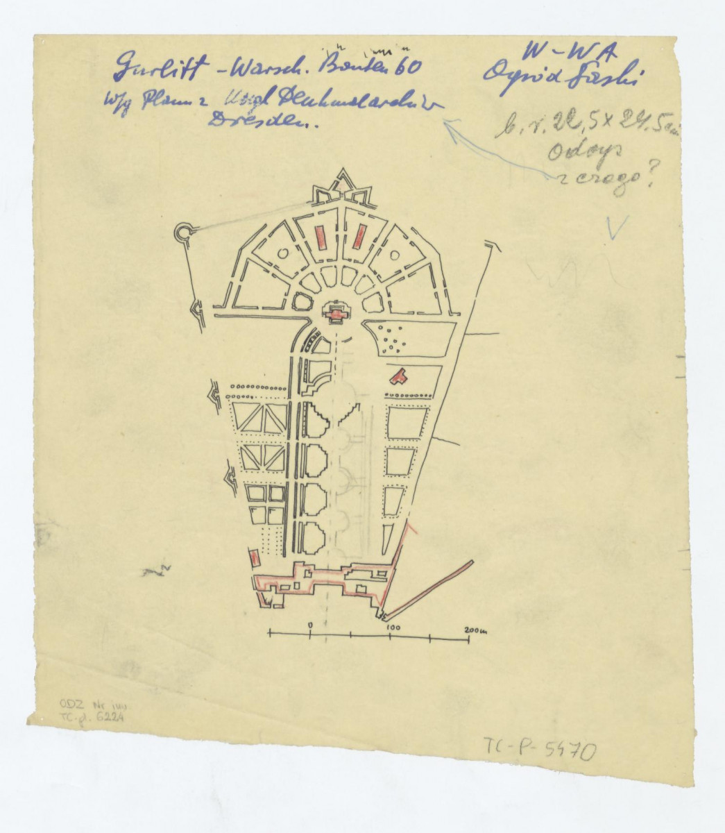 Ogród Saski-odrys planu sytuacyjnego według planu z Kőn. Denkmalarchiw - Dresden. Gurlitt - Warsch. Bauten 60, skan 1