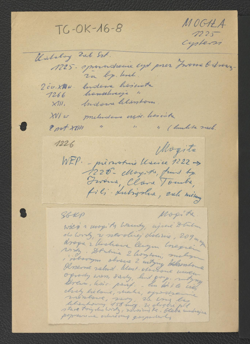 wypis z Katalogu Zabytków Sztuki zawierający ważniejsze epizody w dziejach miejscowego klasztoru począwszy od 1225 r. kiedy to Ivo Odrowąż sprowadził cystersów; Wielkiej Encyklopedii Powszechnej wzmiankujący wymienioną fundację; Słownika Geograficznego Królestwa Polskiego dotyczący usytuowania miejscowego klasztoru , skan 1