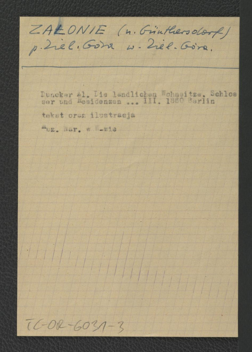 karta opisowa do fotografii reprodukcji ryciny zamieszczonej w Duncker A., Die Landlichen Wohnsitze, Schlosser und Residenzen …, t. III, Berlin 1860, skan 1