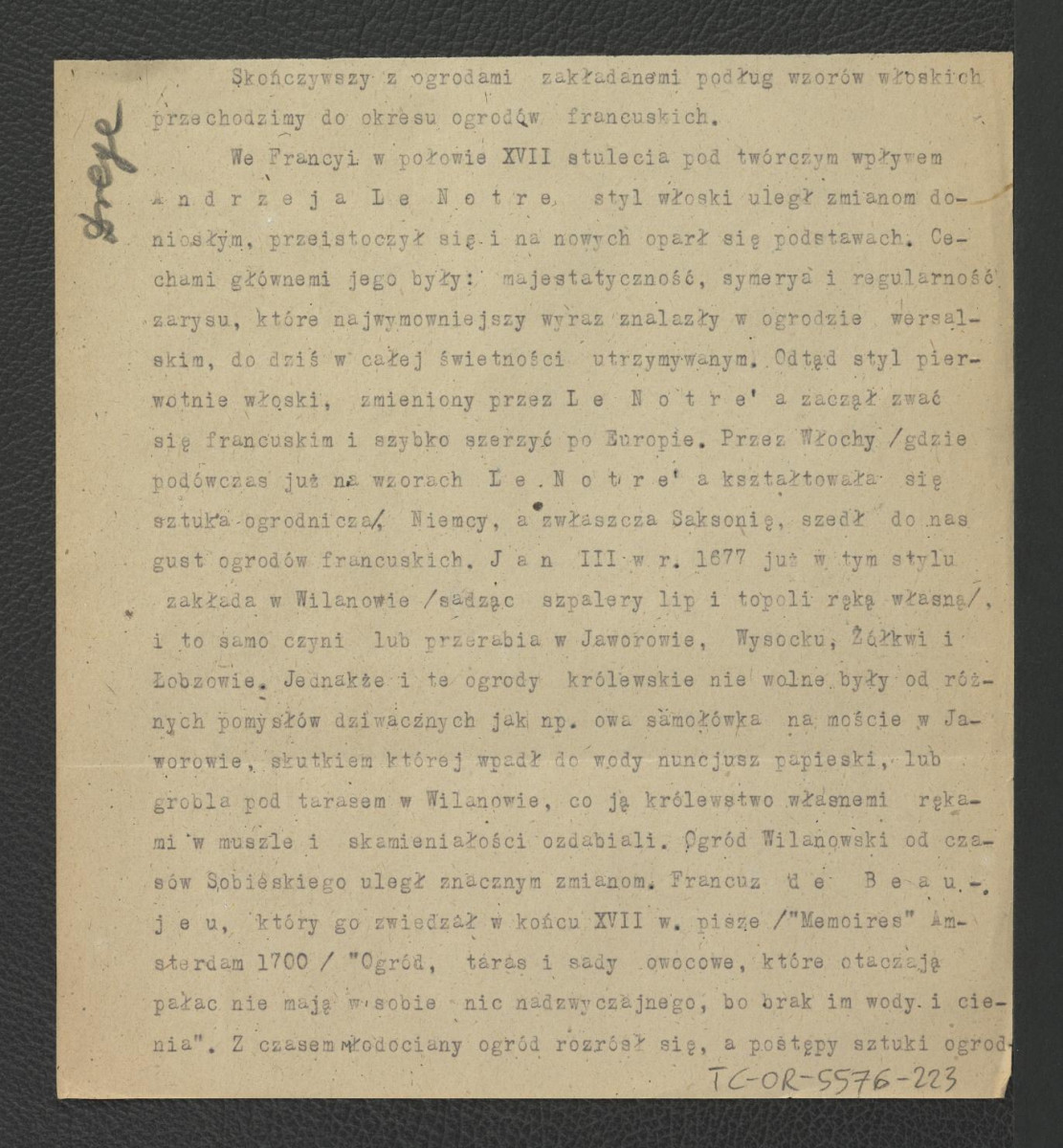 wypis z Drege J., Ogrody w Polsce w: Wielka Encyklopedya Powszechna Ilustrowana, t. IV, Warszawa 1904 zawierający charakterystykę założeń stylu francuskiego w ogrodnictwie oraz układu miejscowej rezydencji; dwie karty  , skan 1