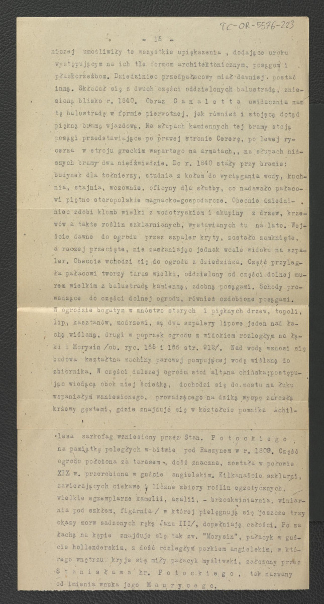 wypis z Drege J., Ogrody w Polsce w: Wielka Encyklopedya Powszechna Ilustrowana, t. IV, Warszawa 1904 zawierający charakterystykę założeń stylu francuskiego w ogrodnictwie oraz układu miejscowej rezydencji; dwie karty  , skan 2