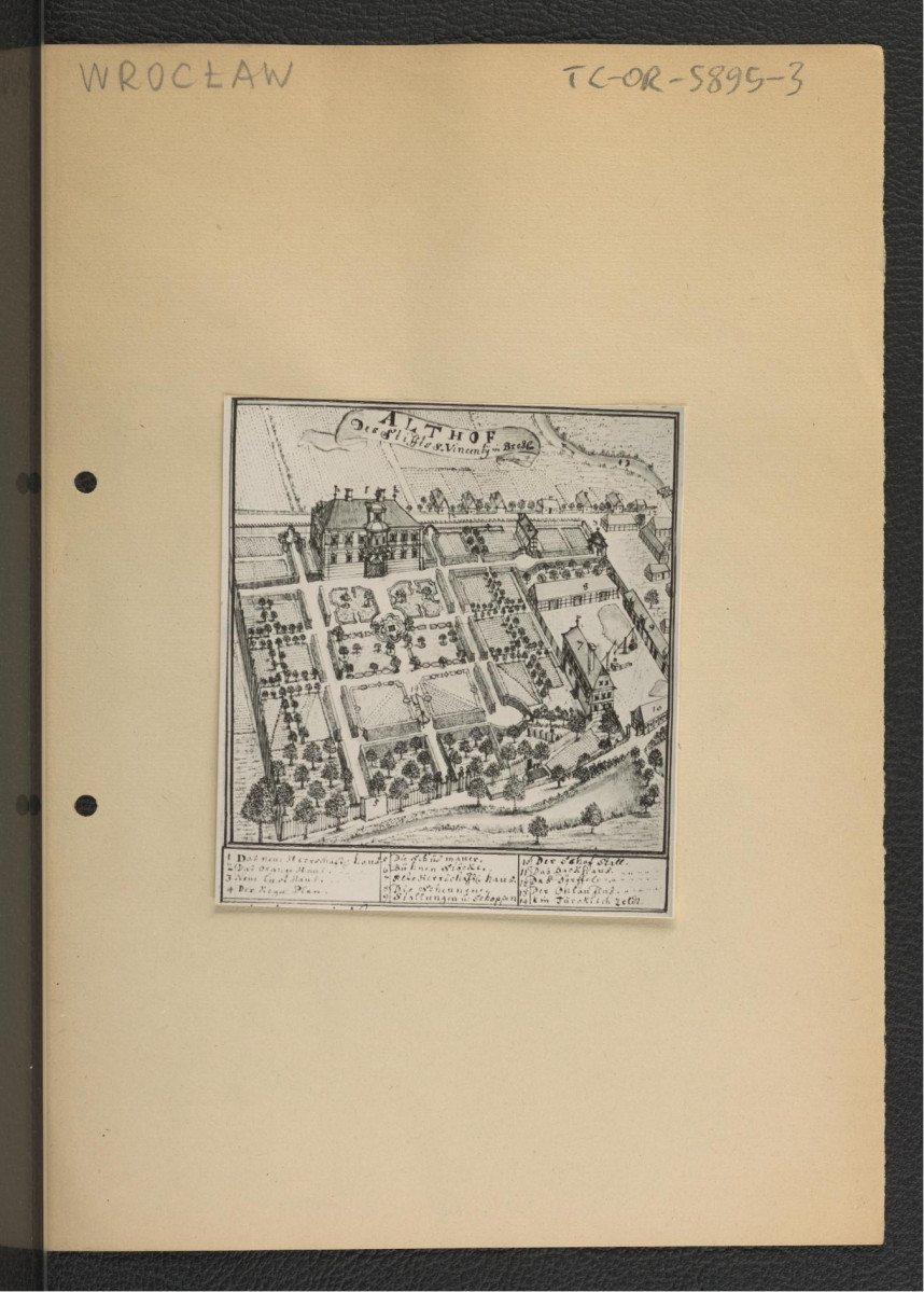 2 fotografie czarno-białe reprodukcji ryciny zamieszczonej w Wernher F.B., Topografia Śląska, 1744-1768 przedst. widok z lotu ptaka na miejscową posesje              , skan 2