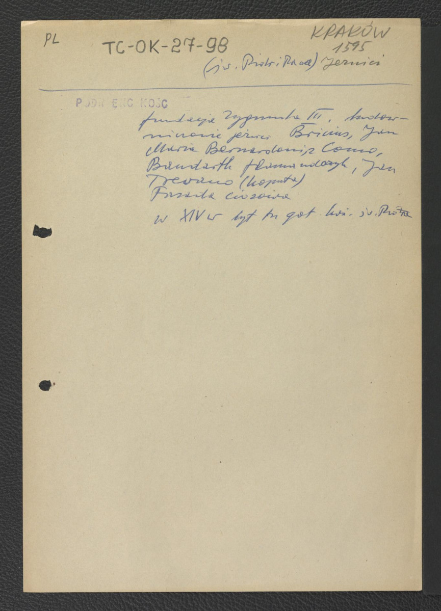 wypis z Podręczna Encyklopedia Kościelna, red. ks. Zygmunt Chełmicki, t. I-XLIV, Warszawa, 1904-1916 wzmiankujący ufundowanie miejscowego kościoła przez Zygmunta III na miejscu XIV-wiecznej świątyni pw. św. Piotra oraz budowniczych: Briciusa, Jana Mierii Bernadoni, Jana Trevano i Bondartha Flamandczyka , skan 1