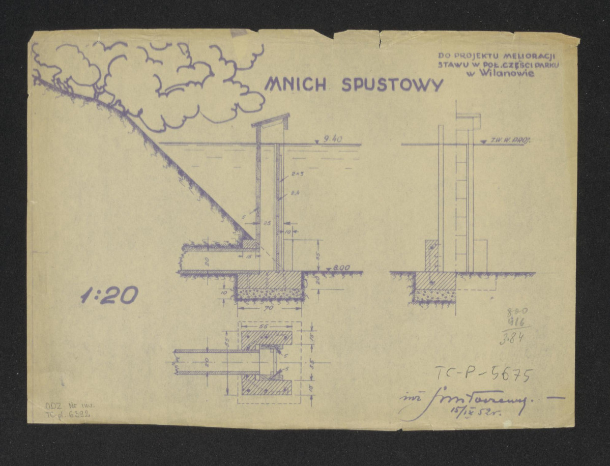 Wilanów-projekt ,melioracji stawu w południowej części parku, mnich spustowy. Napisy: MNICH SPUSTOWY; do projektu melioracji stawu w [południowej części parku w Wilanowie, skan 1
