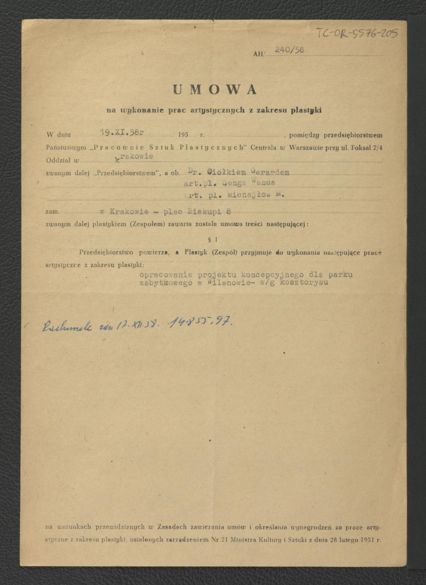 umowa z 19 listopada 1958 r. na wykonanie prac artystycznych z zakresu plastyki pomiędzy Oddziałem Pracowni Sztuk Plastycznych w Krakowie, a G. Ciołkiem na opracowanie projektu koncepcyjnego dla zabytkowego parku w Wilanowie , skan 1