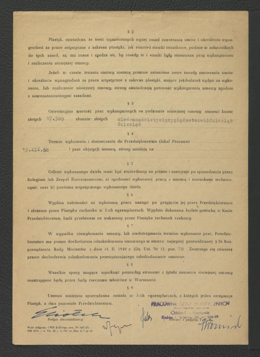 umowa z 19 listopada 1958 r. na wykonanie prac artystycznych z zakresu plastyki pomiędzy Oddziałem Pracowni Sztuk Plastycznych w Krakowie, a G. Ciołkiem na opracowanie projektu koncepcyjnego dla zabytkowego parku w Wilanowie , skan 2