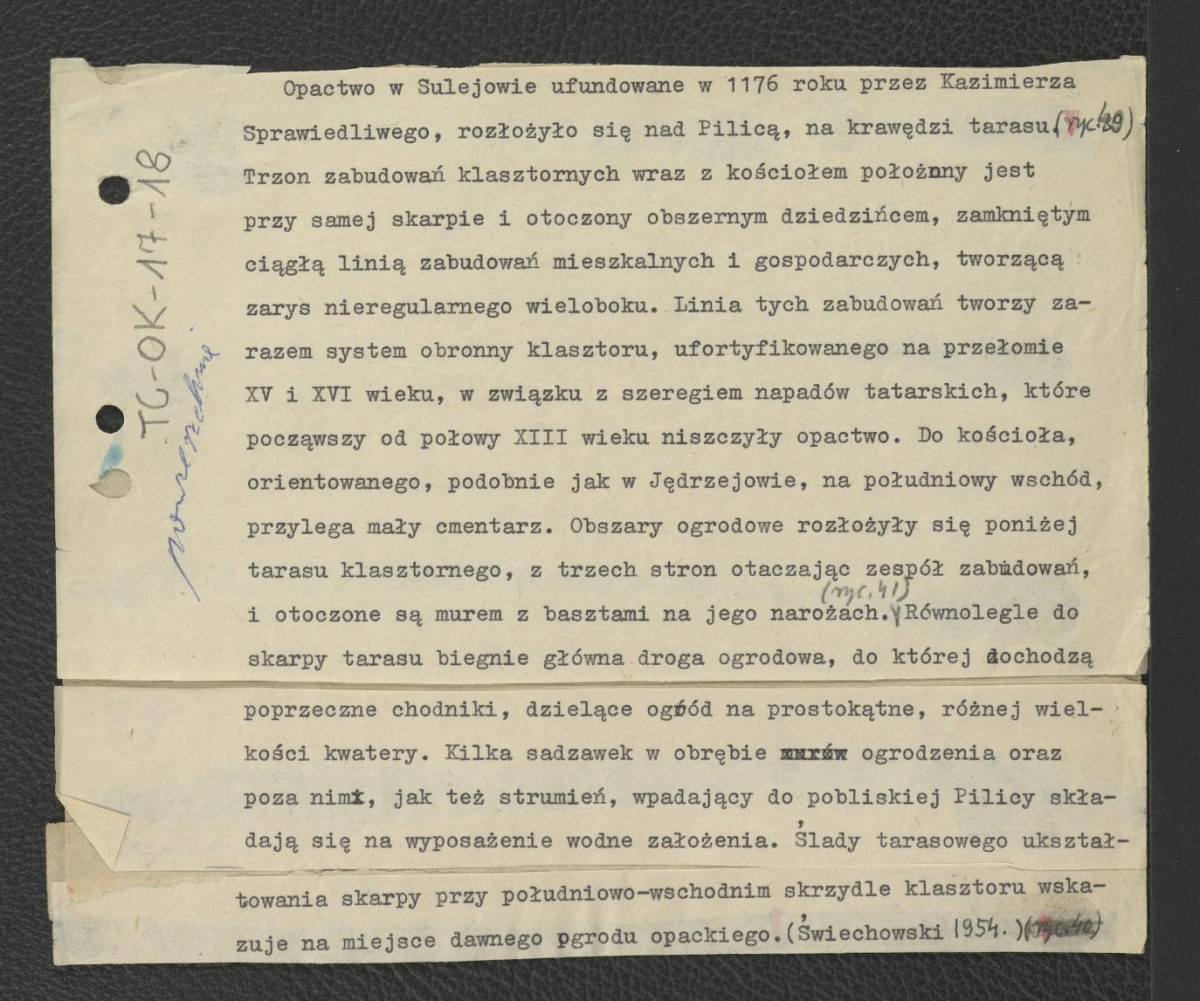 wypis ze Świechowski, 1954 wzmiankujący – na podstawie rycin (nr 40-41, 49) - usytuowanie oraz układ miejscowego zespołu klasztornego oraz tamtejszych obszarów ogrodowych, skan 1