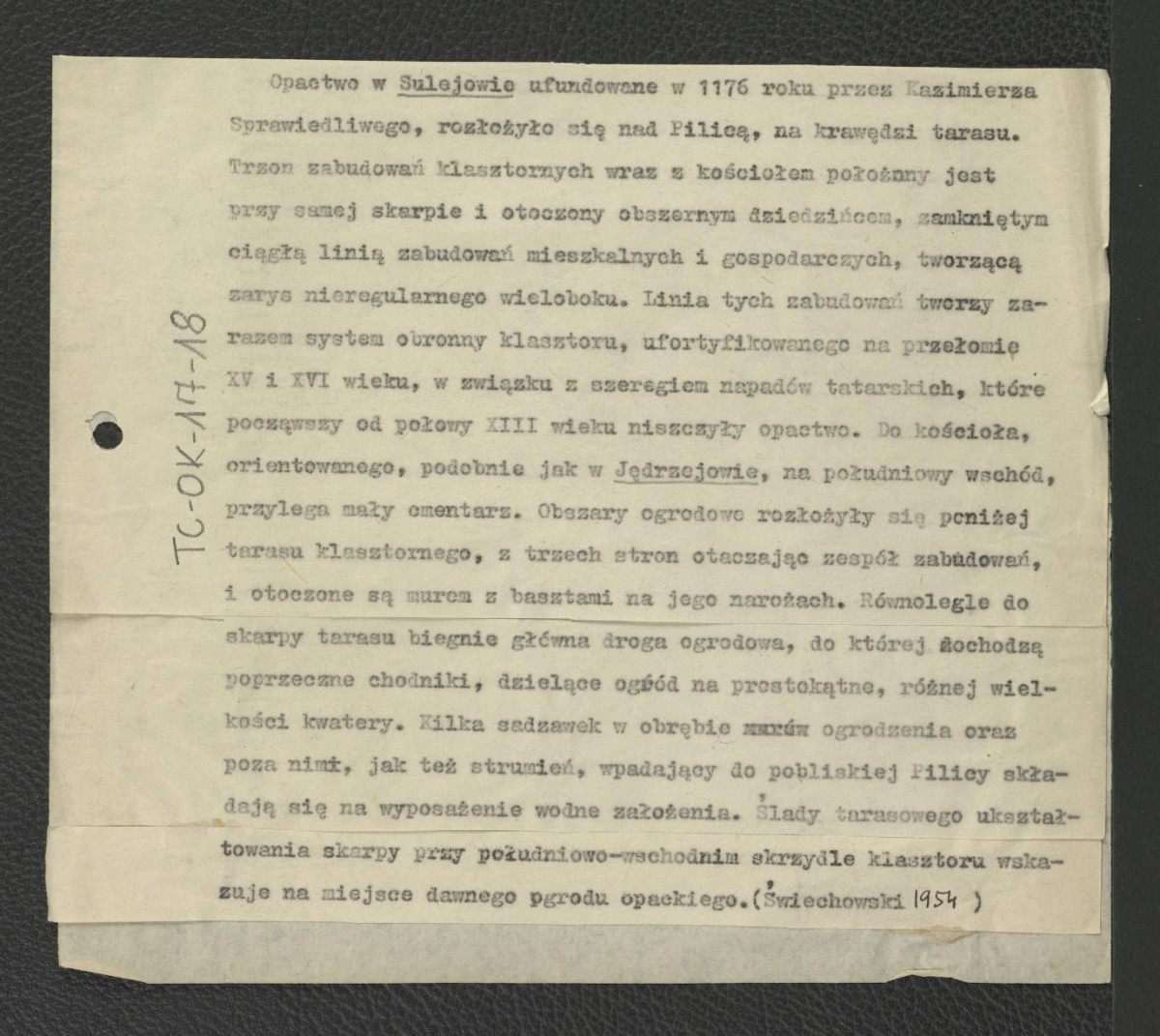 wypis ze Świechowski, 1954 wzmiankujący – na podstawie rycin (nr 40-41, 49) - usytuowanie oraz układ miejscowego zespołu klasztornego oraz tamtejszych obszarów ogrodowych, skan 2