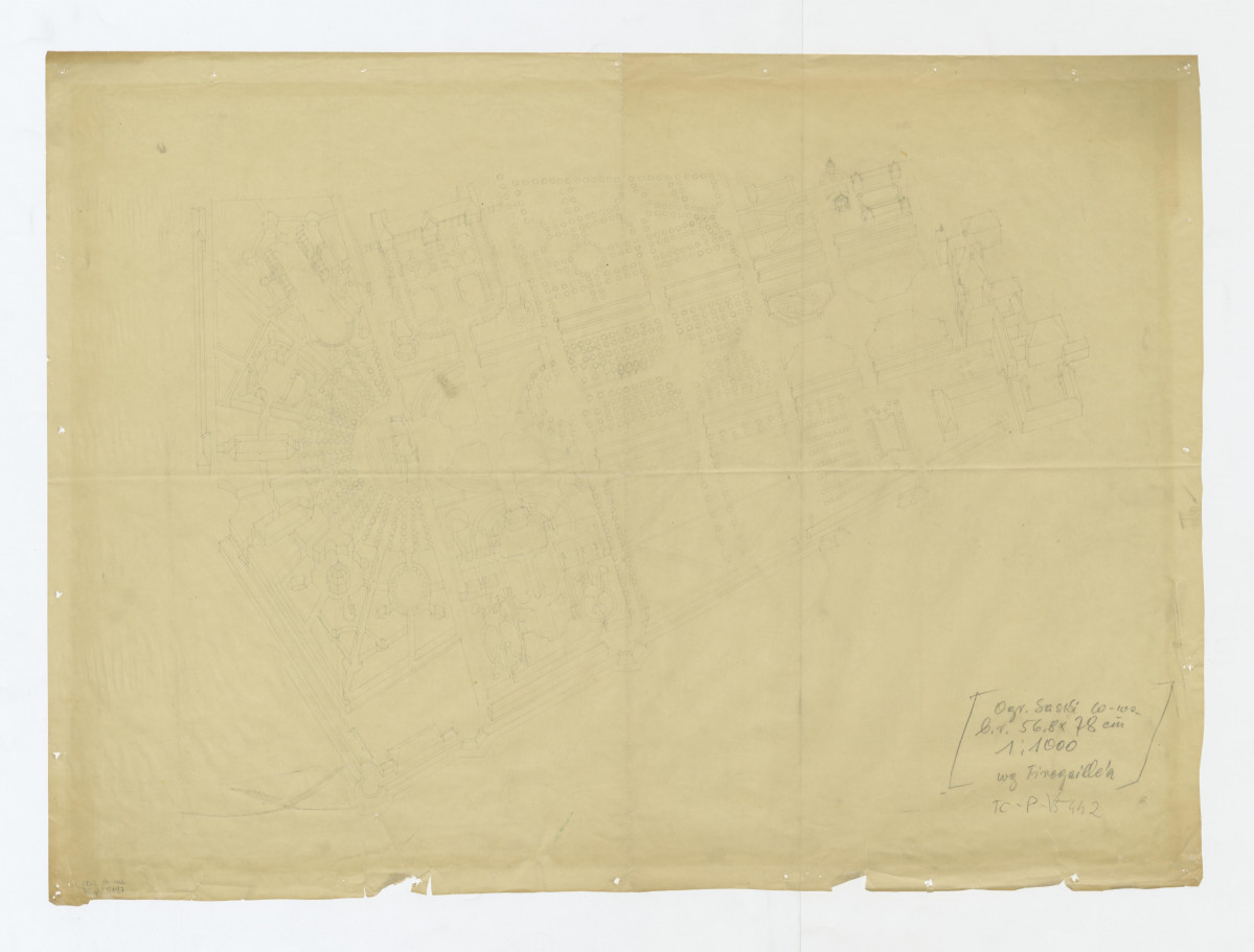 Ogród Saski-opracowany plan ogrodu według Tiregaille'a  z perspektywicznym wrysowaniem budowli, skan 1