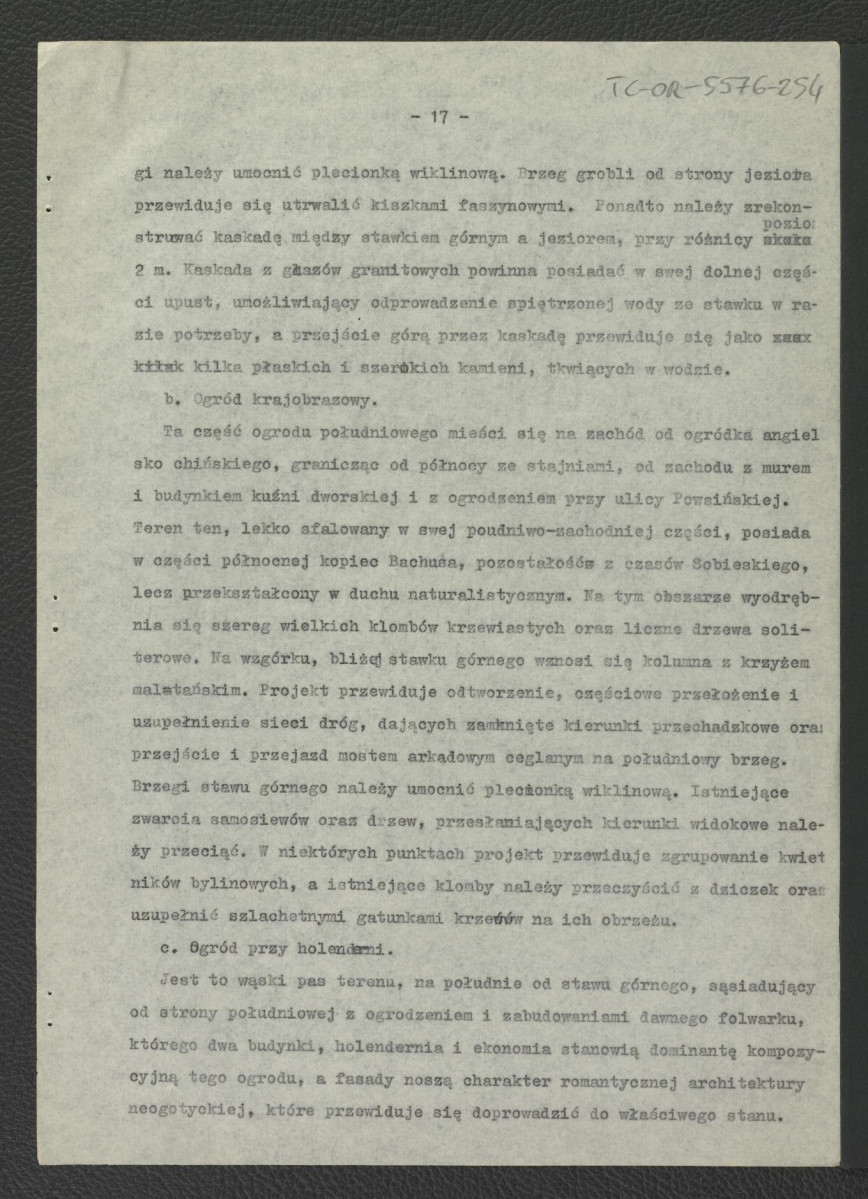 projekt wstępny odbudowy zabytkowego ogrodu pałacowego – opis techniczny opracowany przez G. Ciołka w 1961 r. , skan 18