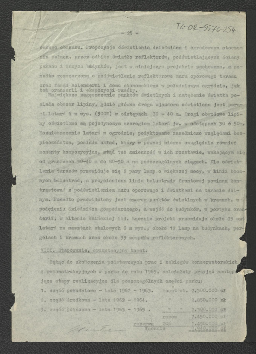 projekt wstępny odbudowy zabytkowego ogrodu pałacowego – opis techniczny opracowany przez G. Ciołka w 1961 r. , skan 26