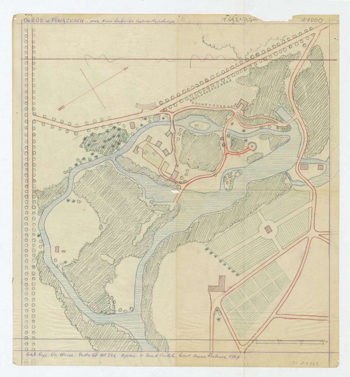 Powązki-plan sytuacyjny (opracowany z odrysu z przeskalowaniem) ogrodu według we wsi Powązki księcia Czetwertyńskiego, skan 1