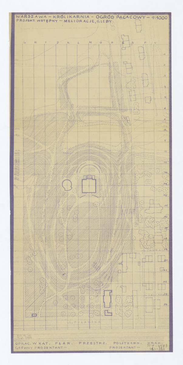 projekt wstępny, melioracje i gleby. Napisy: WARSZAWA. KRÓLIKARNIA - OGRÓD PAŁACOWY; PROJEKT WSTĘPNY - MELIORACJE, GLEBY. Napisy: objaśniające, skan 1