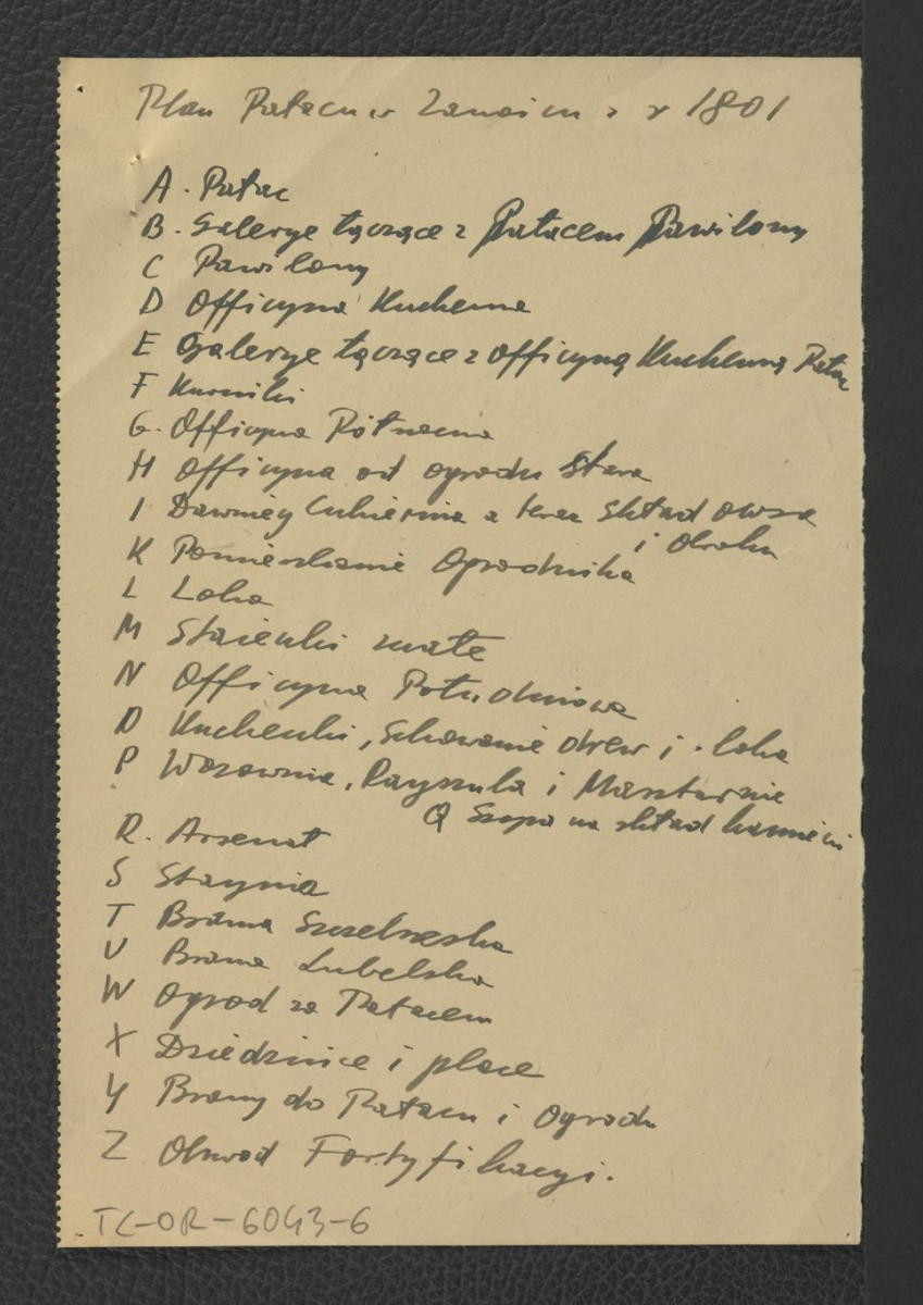 wyszczególnienie obiektów w ramach zespołu pałacowego w Zamościu z 1801 r. , skan 1