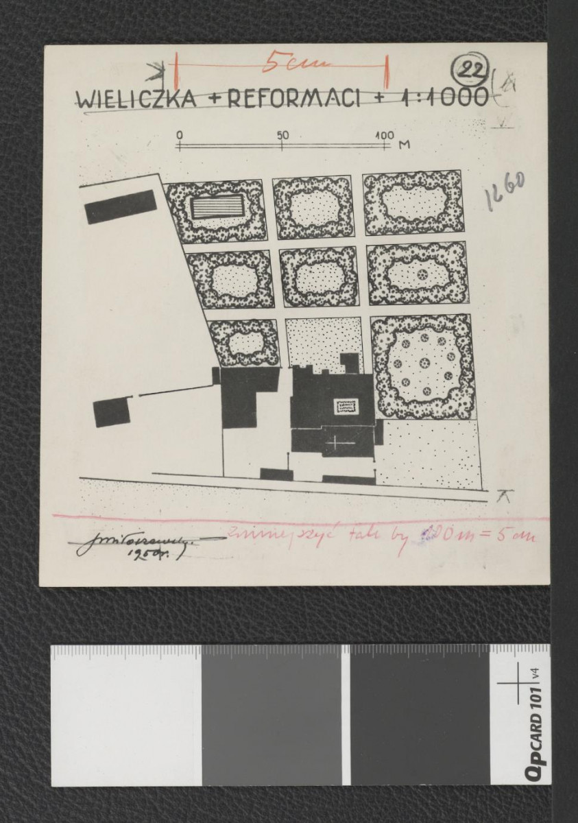 plan miejscowego zespołu klasztornego (1 : 1000) sporządzony przez S. Miłoszewskiego w 1950 r. , skan 1