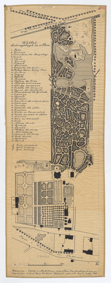 Mokotów - opracowany plan ogrodu wraz z budowlami ogrodowymi według Jana Gawłowskiego porucznika Korpusu Inżynierów, skan 1