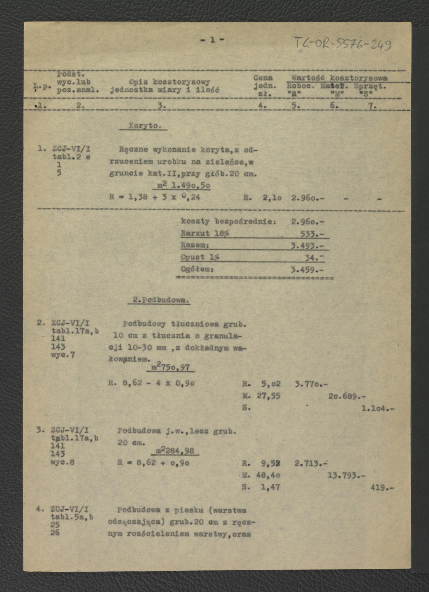 kosztorys do projektu techniczno-roboczego dróg i ścieżek: Wilanów – ogród pałacowy (kwatera przy figarni) autorstwa E. Dobrowolskiego z 19 marca 1962 r.  , skan 2