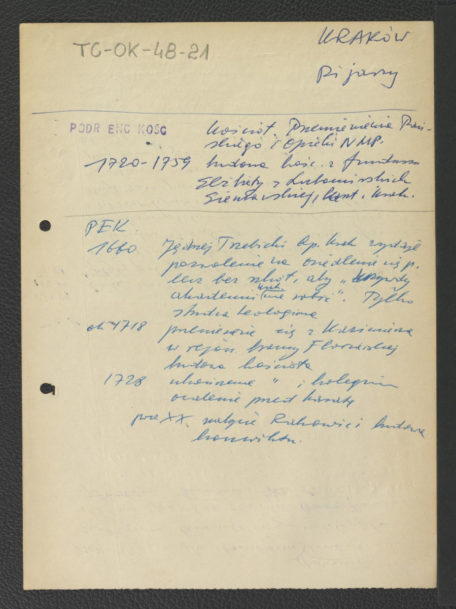 wypis z Podręczna Encyklopedia Kościelna, red. ks. Zygmunt Chełmicki, t. I-XLIV, Warszawa, 1904-1916 zawierający ważniejsze epizody w dziejach miejscowego klasztoru począwszy od roku 1660 kiedy to biskup krakowski Jędrzej Trzebicki wydał zezwolenie na przybycie pijarów, skan 1