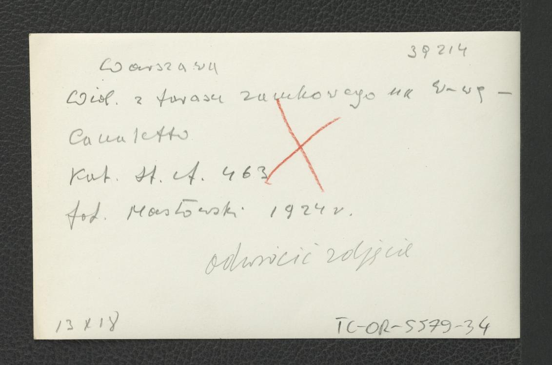 fotografia czarno-biała weduty autorstwa Bernardo Bellotto ukazującej widok z tarasu zamkowego na Warszawę (odwrócona perspektywa) , skan 2