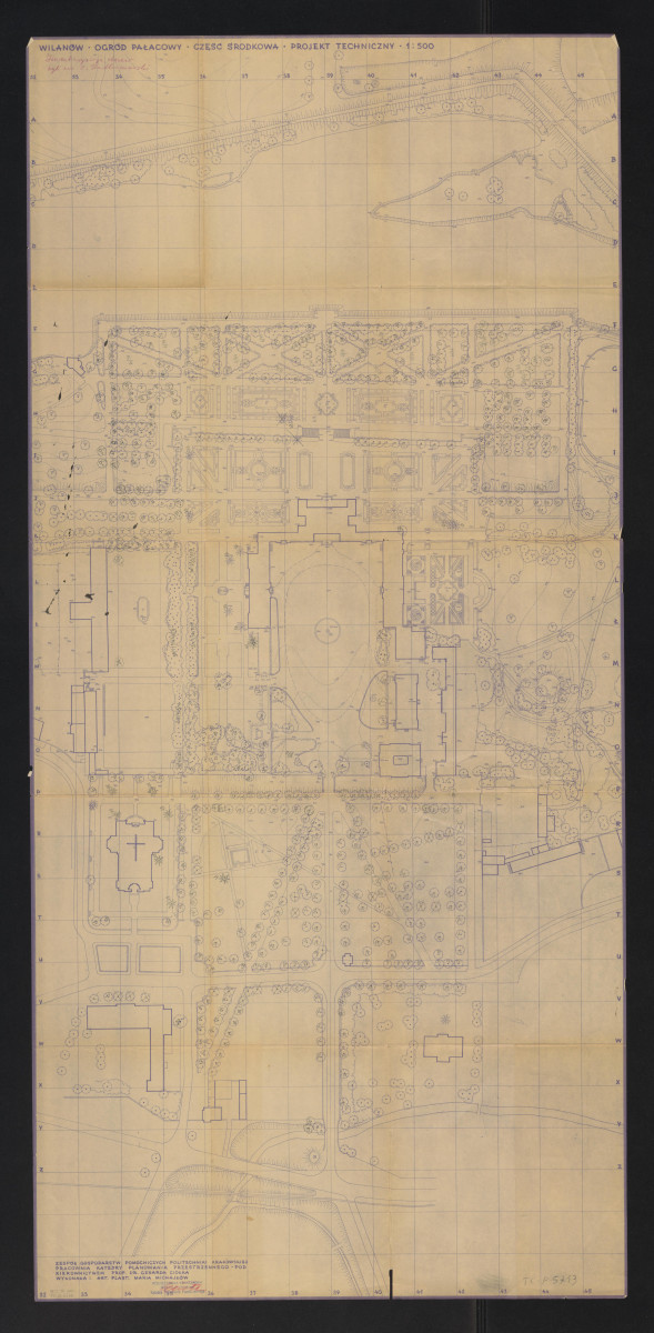 Wilanów-część środkowa, plan sytuacyjny z naniesioną inwentaryzacją drzew. Napisy: WILANÓW. OGRÓD PAŁACOWY. CZĘŚĆ ŚRODKOWA. PROJEKT TECHNICZNY 1:500; inwentaryzacja drzew wykonał inż. Z. Podkomorski, skan 1