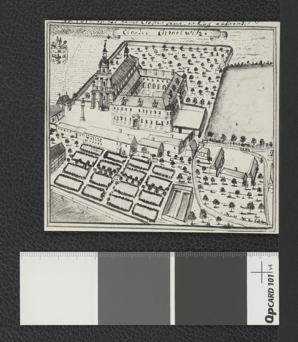 reprodukcja ryciny pochodzącej z Wernher Fryderyk Bernard, Topografia Śląska, 1744-1768 przedstawiająca widok z lotu ptaka na miejscowy zespół klasztorny                     , skan 1