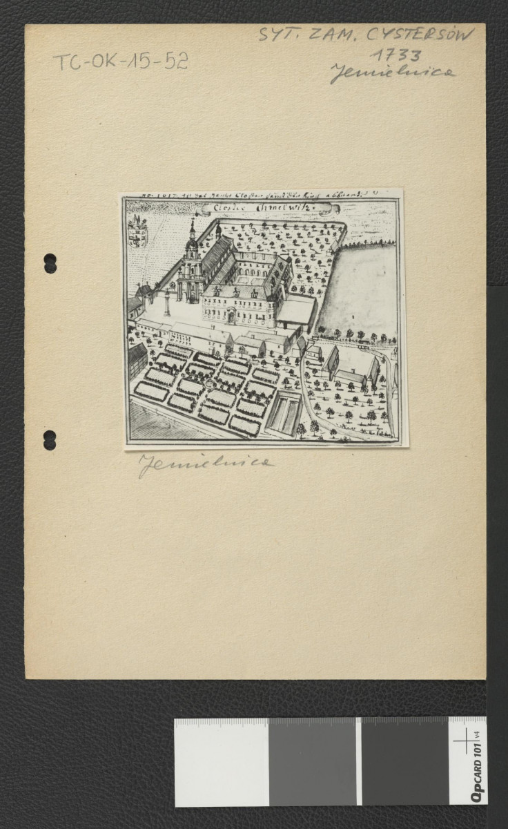 reprodukcja ryciny pochodzącej z Wernher Fryderyk Bernard, Topografia Śląska, 1744-1768 przedstawiająca widok z lotu ptaka na miejscowy zespół klasztorny                     , skan 3