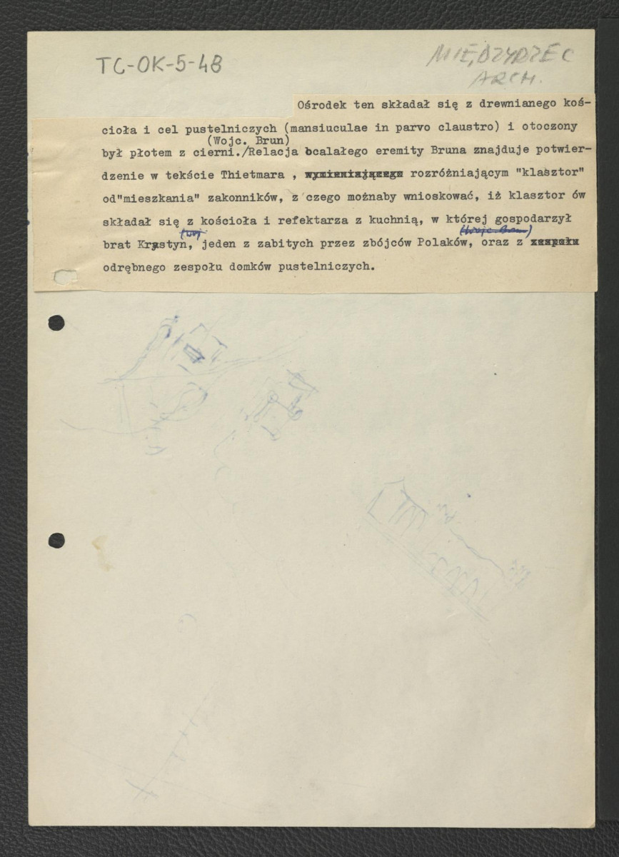 fragment wypisu wzmiankującego relacje ocalonego zakonnika zawartą w Kronice Thietmara dotyczący zabudowy eremu , skan 1